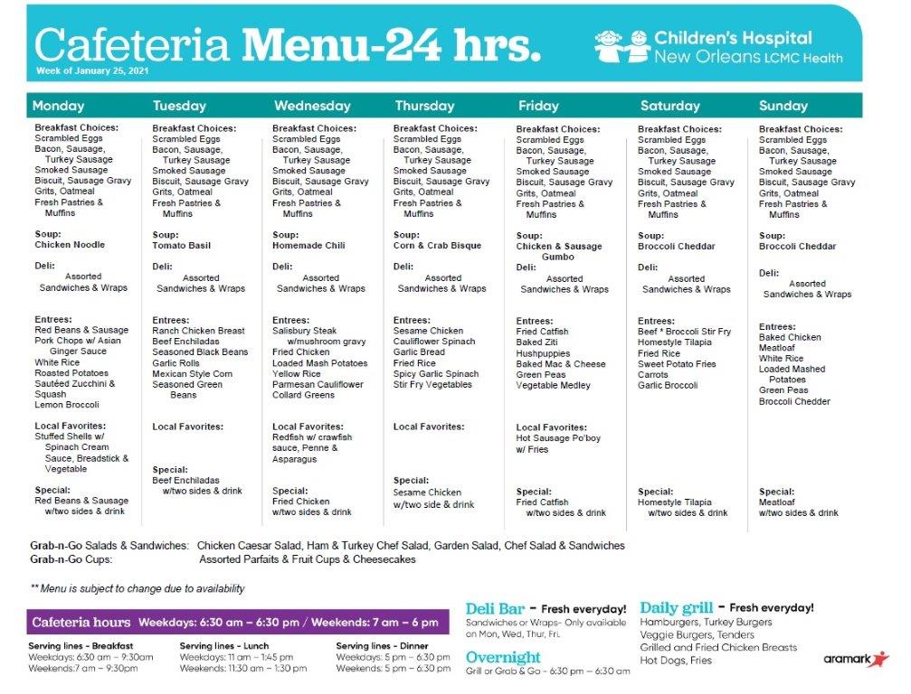 CHNOLA Cafeteria Menu | New Orleans Pediatric Hospital